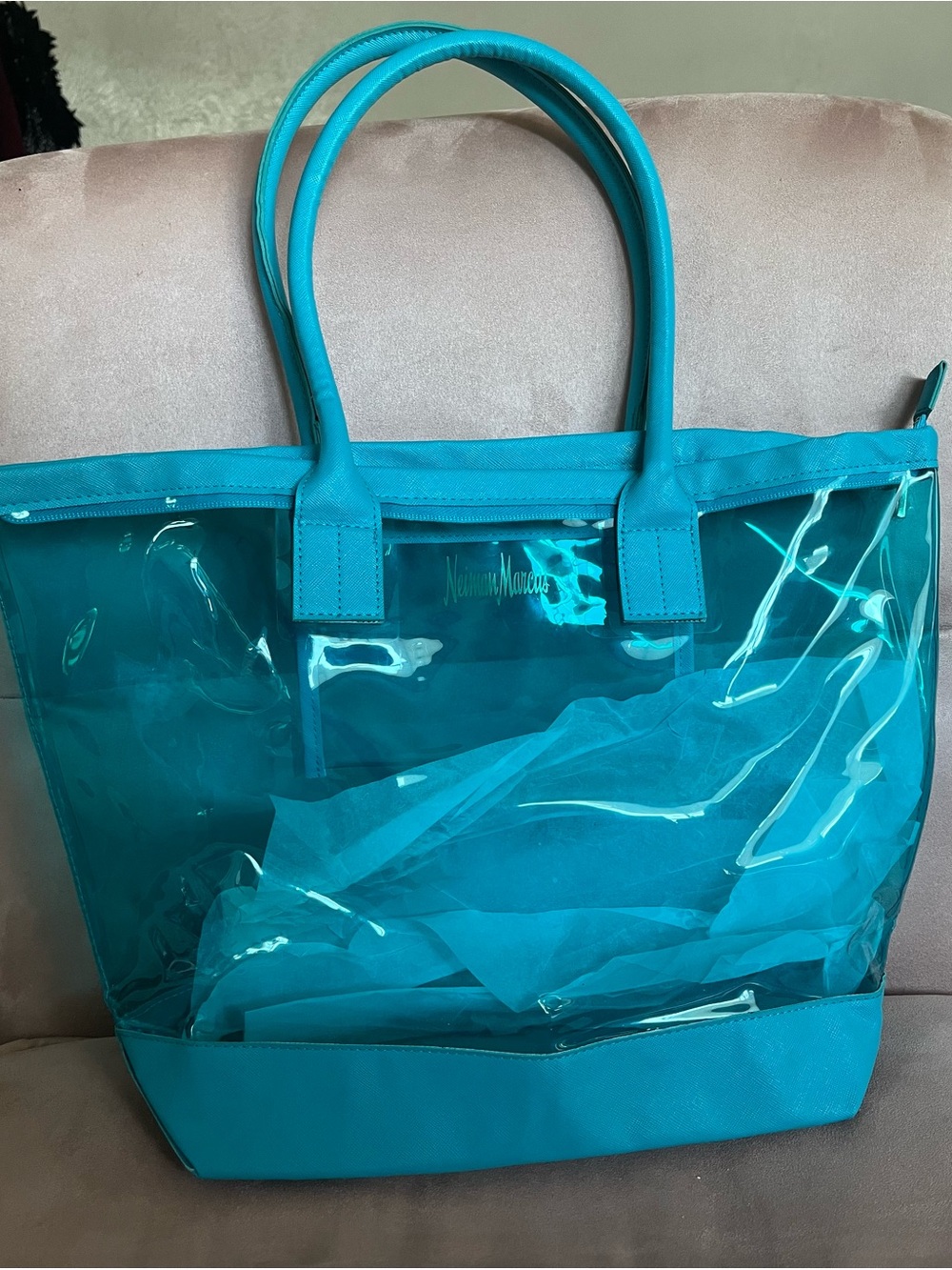 Neiman Marcus Teal Clear Tote with Matching Trim